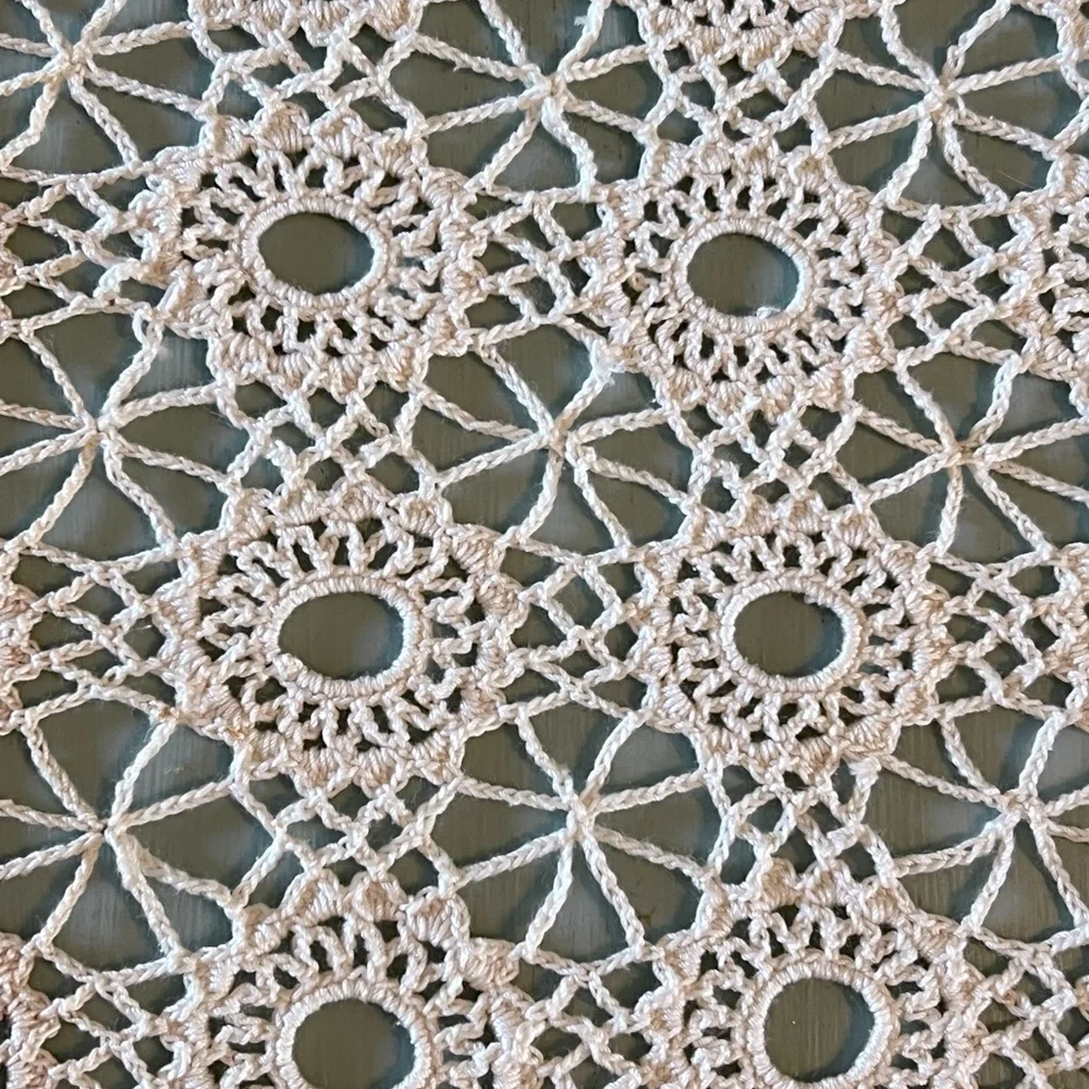 Vintage Hand Crochet Antique Cream Beige 67” x 44” Table Cloth or Bed Coverlet